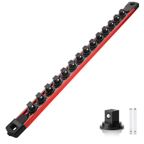 Reniteco Magnetic Socket Organizer, 3/8” Aluminum Alloy Rail, 14 Clips | Heavy-Duty Socket Rails, Removable 360° Swivel ABS Clips, Magnetic Base, Tool Box Drawer or Wall Mount - color: Red, size: 3/8-inch Drive