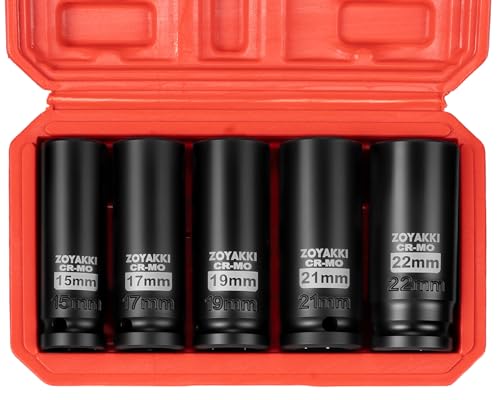 5-Piece 1/2 Inch Drive Impact Socket Set,CR-MO Steel 6-Point Deep Socket,Metric 15-17-19-21-22mm Hexagon Deep Socket Set with Storage Box for Repair Mechanic Garage - size: 1/2" Metric 5PC Set