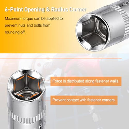 HARFINGTON Deep 6-Point Impact Socket 1/4" Drive 8mm Metric Socket 25mm (1") Long with 1/4" Hex Shank Adapter, CR-V Steel Socket Adapter Accessory Tool Set Kit for Hex Bolts Nuts - size: 8mm x 25mm