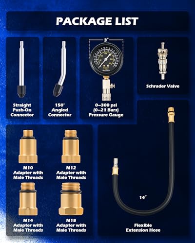 OMT 8pc Petrol Engine Cylinder Pressure Test Kit with 300 PSI Dual Gauge | Strong Metal Adapters; Anti Scratch Glass Cover; Flexible Hose; Auto Mechanic Diagnostics; Fits Cars Trucks And Motorcycles