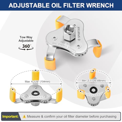 Spurtar 3-Jaw Oil Filter Wrench Adjustable 2-11/16" to 4-1/16" 68mm-104mm | Oil Filter Removal Tool with Removable Protective Sleeves for Car, SUV & Truck