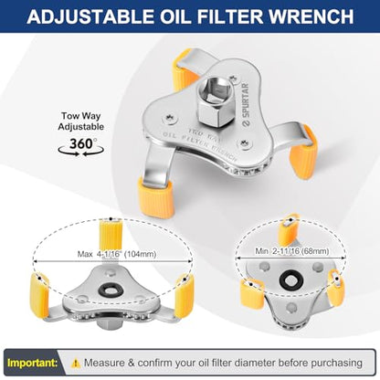 Spurtar 3-Jaw Oil Filter Wrench Adjustable 2-11/16" to 4-1/16" 68mm-104mm | Oil Filter Removal Tool with Removable Protective Sleeves for Car, SUV & Truck