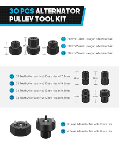 Alternator Pulley Removal Tool & Alternator Decoupler Pulley Tool | 30-piece socket bit set for clutch freewheel and decoupler pulley removal/installation; Compatible with Volvo BMW and More