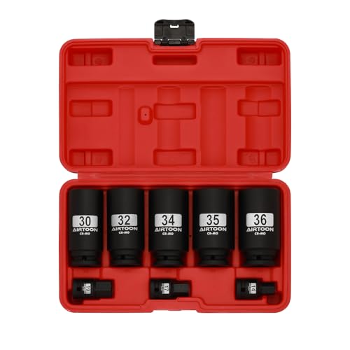 1/2" Drive 12-Point Axle Nut Spindle Impact Socket Set, 8-Piece Deep Impact Socket Set, Cr-Mo, 14mm 17mm 19mm, 30mm 32mm 34mm 35mm 36mm Metric Socket, With Storage Case - size: 30MM-36MM