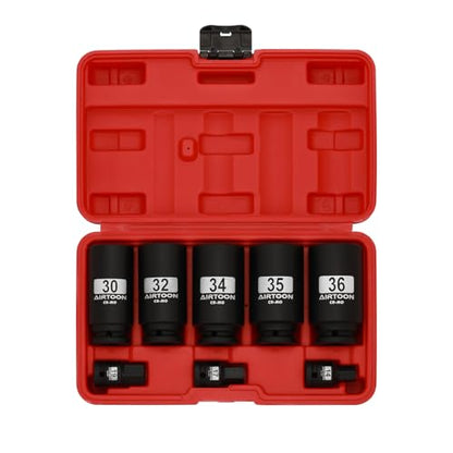 1/2" Drive 12-Point Axle Nut Spindle Impact Socket Set, 8-Piece Deep Impact Socket Set, Cr-Mo, 14mm 17mm 19mm, 30mm 32mm 34mm 35mm 36mm Metric Socket, With Storage Case - size: 30MM-36MM