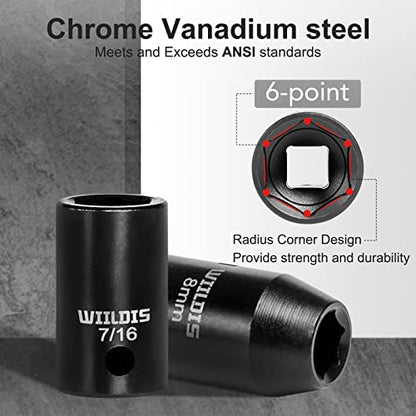 WIILDIS Impact Socket Set, 33-Piece, 3/8" Drive Socket Set with 72 Teeth Reversible Ratchet Wrench, CR-V, 6 Point, SAE/Metric, 5/16 Inch - 7/8 Inch, 6mm - 24mm, Mechanic Tool Kits for Men - size: 33-Piece