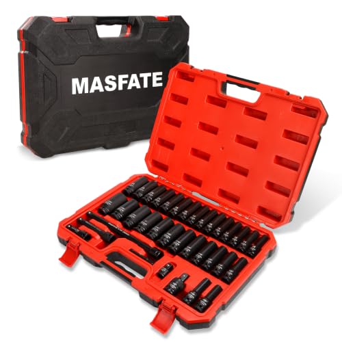 1/2" Impact Socket Set 35PCS,Metric 10-24mm SAE 3/8"-1-1/4" | CR-MO Steel,6-Point Design, Includes U-joint, Extension Bars, Adapter and Storage Case for heavy-duty automotive maintenance - size: 1/2" | Metric & SAE|35-PCS