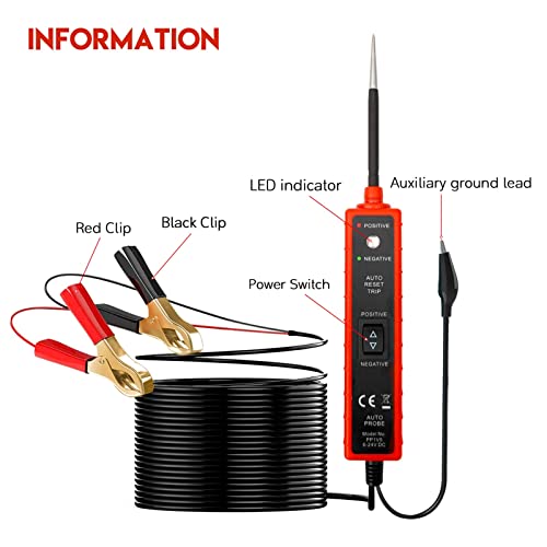 Power Circuit Probe Tester, 6-24V DC Circuit Tester, Test Light Automotive Short Circuit Located, Polarity Identify with LED Light Overload Protection