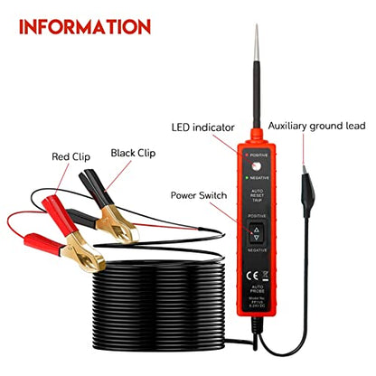Power Circuit Probe Tester, 6-24V DC Circuit Tester, Test Light Automotive Short Circuit Located, Polarity Identify with LED Light Overload Protection