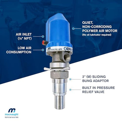 Macnaught Ratio 5:1 Air Operated Pneumatic Oil Transfer Pump. Engine and gear oils up to SAE140, auto trans, hydraulic fluid and anti-freeze/anti-boil (NOT for Gasoline or Diesel)