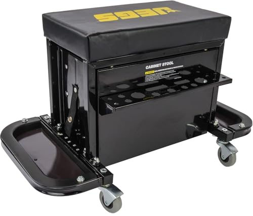 JEGS 3-Drawer Mechanics Roller Seat Tool Box | Black With JEGS Logo | Two Folding Tool Trays With Magnetic Pads | Vinyl Padded Seat Cushion | Rear Tray For Screwdrivers And Pliers | Load Limit 350 LBS