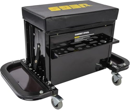 JEGS 3-Drawer Mechanics Roller Seat Tool Box | Black With JEGS Logo | Two Folding Tool Trays With Magnetic Pads | Vinyl Padded Seat Cushion | Rear Tray For Screwdrivers And Pliers | Load Limit 350 LBS
