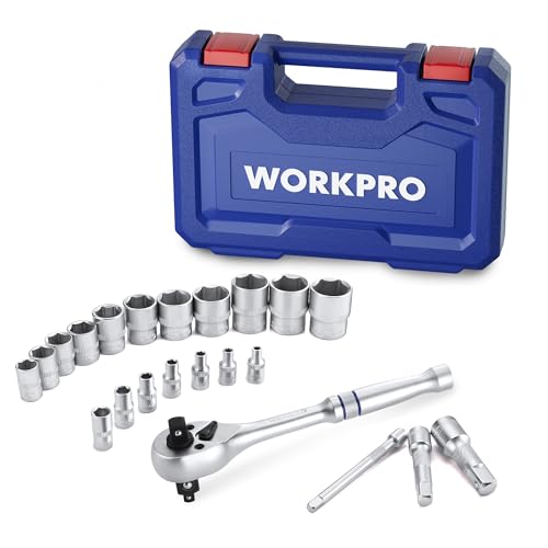 WORKPRO 22-Piece Socket Set with 3-in-1 Ratchet Handle, 1/4, 3/8, 1/2 Inch Drive Socket Wrench, CR-V Metric Socket Set, Extension Bars, Storage Box Included, Mechanics Tool Sets for Auto Repairing