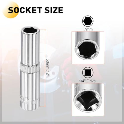 HARFINGTON Deep 6-Point Impact Socket 1/4" Drive 7mm Metric Socket 50mm (2") Long with 1/4" Hex Shank Adapter, CR-V Steel Socket Adapter Accessory Tool Set Kit for Hex Bolts Nuts - size: 7mm x 50mm