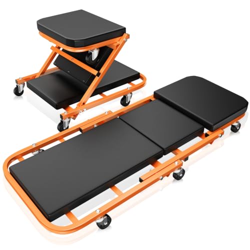 Auto Dynasty 40" Z-Creeper Seat, 2-in-1 Foldable Garage Creeper Shop Seat, 330 LBS Capacity Automotive Mechanic Repair Under Car Rolling Creeper Seat, Orange - color: Orange, size: 40 Inch