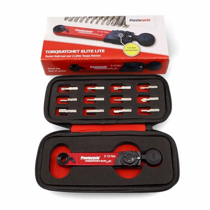 Prestacycle TorqRatchet ELITE Lite Portable Bicycle Torque Wrench Multi-Tool – 2–12Nm Beam Torque, Reversible Ratchet, 1/4” Hex Bits, Lightweight Bike Tool with Carry Case