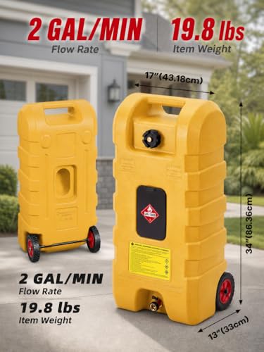 15 Gallon Gas Can, Fuel Tank Container with Fluid Transfer Manual Siphon Pump & 10FT Hose, Portable Diesel Gas Storage Caddy with Wheels for Car, ATV, Weeder, Boat - color: Yellow