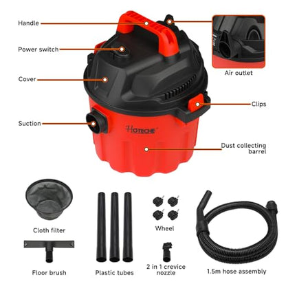 Hoteche 2.6 Gallon Portable Shop Wet Dry Vacuum, 800W Compact Utility Vacuum Cleaner with Blower Function, 16KPa Powerful Suction, 12V Car & 110V Home Dual Power, Small Shop Vac - size: 2.6Gal
