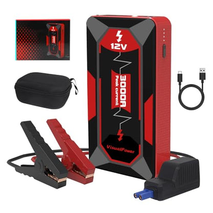 3000A Jump Starter for 6.0L Gas 4.0L Diesel Battery Jumper Box | 3000A peak current; fits glove box with hard case; 9 safety protections; power bank function; 3-mode LED light - color: red