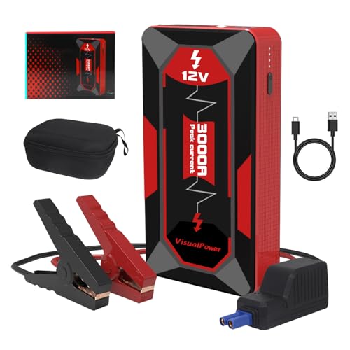 3000A Jump Starter for 6.0L Gas 4.0L Diesel Battery Jumper Box | 3000A peak current; fits glove box with hard case; 9 safety protections; power bank function; 3-mode LED light - color: red