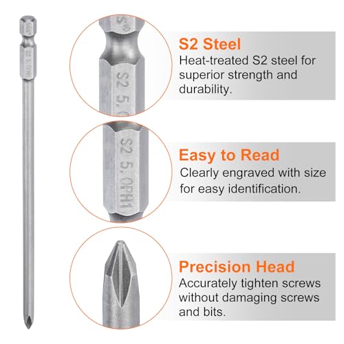 HARFINGTON 5pcs #1 Phillips Screwdriver Bit PH1 1/4" Hex Shank 6" (150mm) Long Magnetic S2 Steel Industrial Grade Screw Driver Bit Cross Head Electric Drill Bits 0.197" (5mm) Rod - size: PH1 x 150mm x 5mm