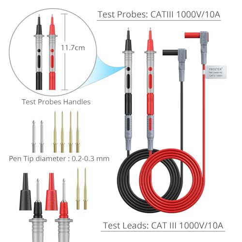 Proster 24pc Multimeter Test Lead Kit - Probes Alligator Clips 1000V | Replaceable 2 Probes 8 Tips 4 Clips 2 Spring Hooks 2 Leads 2 Banana 2 Spade CAT III 1000V, 10A Silicone leads - style: Test Leads 24pcs