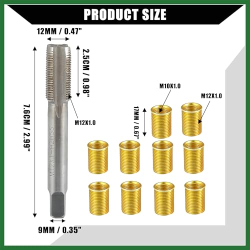 Motoforti Outer/Universal Spark Plug Thread Repair Tools with M10x1.0 Inner Thread Inserts and M12x1.0 Tap/Durable/Metal / 1 Set/Gold Tone Long-lasting