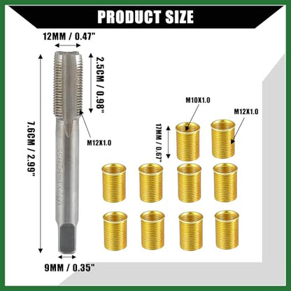 Motoforti Outer/Universal Spark Plug Thread Repair Tools with M10x1.0 Inner Thread Inserts and M12x1.0 Tap/Durable/Metal / 1 Set/Gold Tone Long-lasting