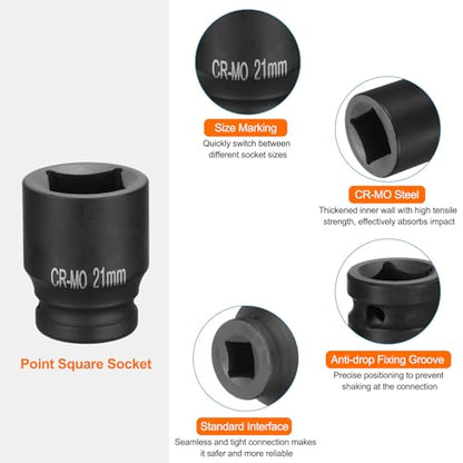 HARFINGTON 2pcs 4 Point Square Socket 1/2" Drive 21mm Metric Square Impact Socket CR-MO Blackening Standard Wheel Sockets Pneumatic Socket Tool for Auto Repair Mechanical Maintenance Home Use - size: 21mm