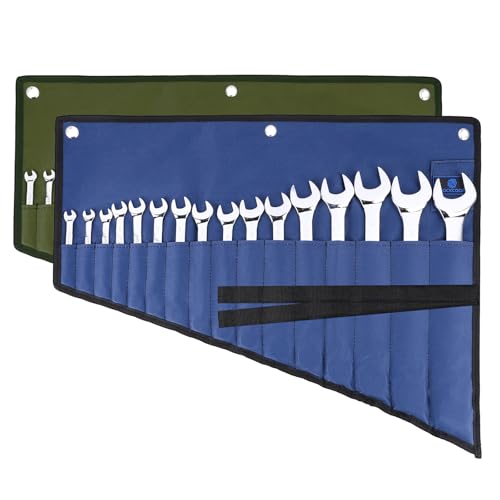 2 Pack 16 Pocket Wrench Roll Organizer, Blue & Green – Waterproof Oxford Cloth Heavy Duty Tool Roll Bag for Wrenches/Screwdrivers (Tools NOT Included) - color: Blue+Green