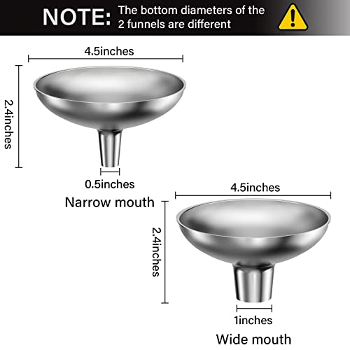 Serinar Stainless Steel Funnel, 2 Large and Small Mouth Filling Kitchen funnels, Liquids, fluids, Spices and Powders, Durable and Washable.
