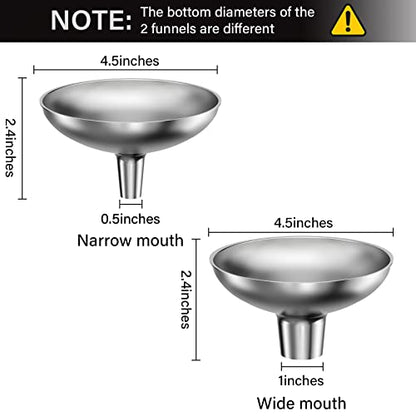 Serinar Stainless Steel Funnel, 2 Large and Small Mouth Filling Kitchen funnels, Liquids, fluids, Spices and Powders, Durable and Washable.