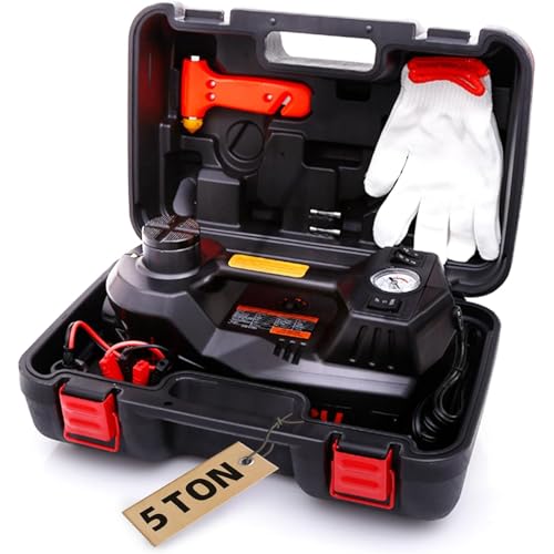 STANDTALL Electric Car Jack Quick Lifting Safe and Portable with Tire Inflator and LED Light Complete Set of Accessories 12V Hydraulic Floor Jack - color: Black
