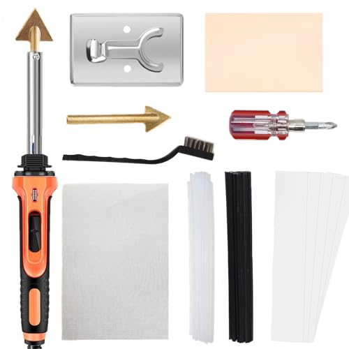 Plastic Welding Kit, 110V/100W Plastic Welder, for DIY, Car Bumper, Dashboard, Kayak, Canoe Repair Tool-With 40 Rods,1 Wire Mesh,5 Metal Foils,1 Sandpaper,1 Stand,1 Metal Brush,1 Screwdriver,2 tips