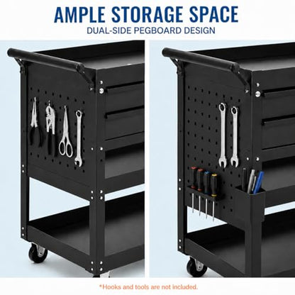 Garvee 30 Inch Rolling Tool Cart on Wheels, 3 Tier Steel Utility Tool Cabinet with 2 Drawer and Casters, Heavy Duty Tool Chest for Garage, Warehouse and Workshop