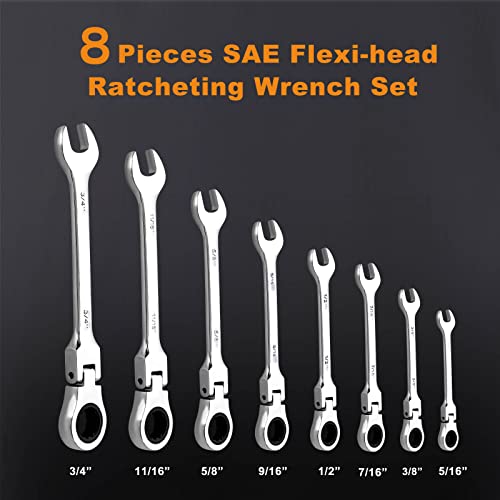 Qnkaa 8pcs Flexible Ratchet Wrenches Set SAE 5/16” to 3/4“ Inch Standard Spanners Gear Ring Ratcheting Combination Flexi Wrench Kit Flex Flexible Head - size: SAE 8pcs