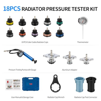 VTG VOGTEN 18PCS Coolant Pressure Tester Kit,Radiator Pump Pressure Tester Kit for Automotive Cooling System Water Tank Leakage Detection - color: Blue