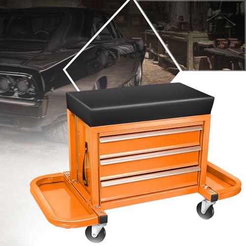 PM PERFORMOTOR 3-Drawer Tool Chest Rolling Mechanic Seat with Tool Trays,350lbs Max Weight Capacity, Orange,PM-TOL-RST1-OG - color: Orange