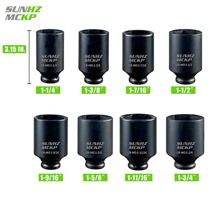 SUNHZMCKP 1/2" Drive Deep 6-Point Impact Socket Set, 8-Piece Standard SAE Spindle Axle Nut Impact Socket Set, Cr-Mo, 1-1/4-Inch to 1-3/4-Inch Size - color: 8-piece, size: 8-Pc 1/2" SAE Drive Impact Socket Set