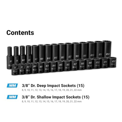Capri Tools 3/8 in. Drive Shallow and Deep Impact Socket Set, 12-Point, Metric, 8 to 22 mm, 30-Piece - size: Shallow & Deep Set / 8-22 mm