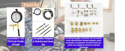 Fuel Injection Pressure Tester Kit 0-140 PSI, Universal Fuel Pump Pressure Gauge Set with Quick Release Valve, Reinforced Hoses & Multi-Size Adapters for Gasoline Engine Diagnostic (((TU-443Red))) | Fuel Injection Pressure Tester Kit 0-140 PSI