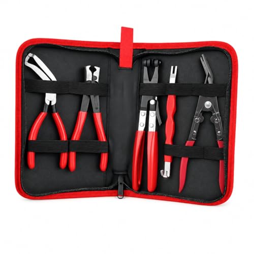 5PCS Automotive Electrical Disconnect Pliers Kit with Leather Storage Case | High-Carbon Steel Connector Separator, Hose Clamp & Trim Clip Removal Tools, Professional Set for Auto Repair & Maintenance