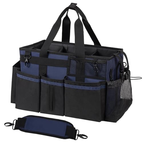SCAVATA Wearable Cleaning Caddy, Cleaning Caddy Supplies Organizer with Handle & Shoulder Straps for Housekeepers, Under Sink & Car Cleaning Tool Organizers Bag with 4 Foldable Divider (NavyBlue) - color: NavyBlue