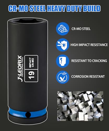 19mm Deep Impact Socket 1/2" Drive CR-MO Steel 6-Point | CR-MO steel impact socket set. 1/2" drive, 6-point design. Deep reach for lug nuts & axle nuts. - size: 19mm