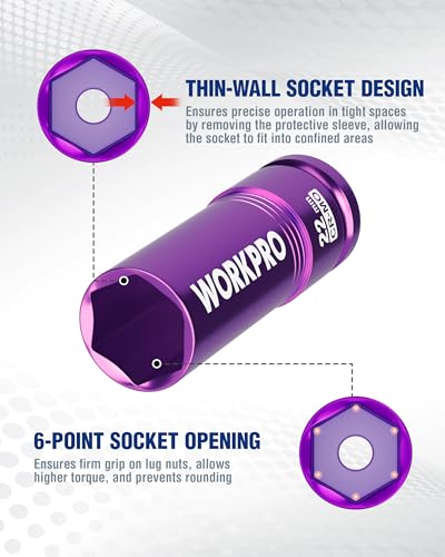 WORKPRO 1/2" Drive Lug Nut Impact Duty Socket, 22mm Deep Thin Wall Socket, Made of Premium Cr-Mo Steel, Non-Marring Lug Nut Wheel Sockets for Car - size: 1/2" DR x 22mm