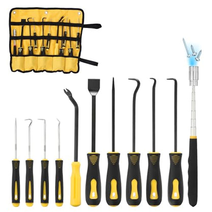 11Pcs Hook and Pick, Straight Head Magnetic Pickup Tool Large Small Hook Short Pry Bar Gasket Scraper for Remove Hoses Gaskets Car Panel Fastener, Yellow - color: Yellow