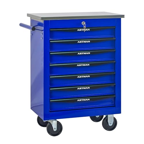 7 Drawers Tool Chest on Wheels, Stainless Steel Countertop Multifunctional Rolling Tool Storage Cart, Drawer Rolling Trolley Organizer Tool Box for Garage,Workshop(7 Drawers-Blue) - color: Blue, size: 7 Drawers 22.2"Wx13.58"Dx30.7"H