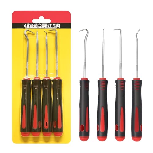 4 PCS Precision Pick and Hook Set, Heavy Duty Pick Set Mechanic Tools with Non-Slip Handle, for Automotive, O-Ring, Seal, Gasket Removal– Blue/Yellow/Red (Red) - color: Red
