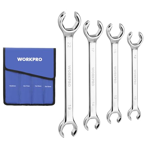 WORKPRO 4-Piece Flare Nut Wrench Set, Metric Brake Line Wrenches 10, 12, 13, 14, 15, 17, 19, 22mm, Cr-V Steel, 15° Offset Head Tubing Wrench, Organizer Pouch Included - size: Metric