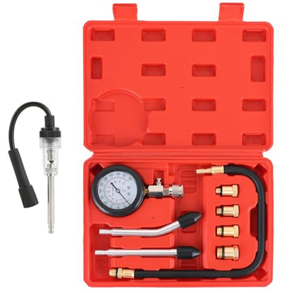 DASBET 9PCS Compression Tester Kit with Spark Plug Tester | Engine Compression Tester Petrol 0-20 Bar & 0-300 psi Car and Motorcycle Engine Testing Tools for Cylinder Pressure Gauge - color: Red